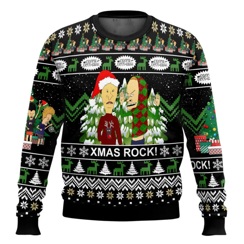 Xmas Rock Beavis and Butthead Ugly Christmas Sweater Cartoon Anime Women Men Pullover Tops New Fashion Couple Hoodie Sweatshirt