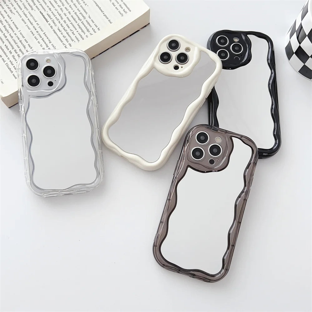 Luxury Curly Wave Makeup Mirror Case For iphone 15 14 Plus 11 12 13 Pro Max Mini XR XS Max 7 8Plus Clear Mirror Shockproof Cover