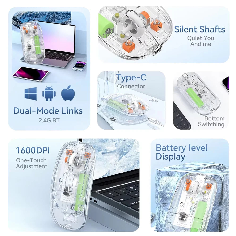KEBIDUMEI Wireless Mouse Dual Mode Bluetooth Mouse 500mAh Rechargeable Silent Mouse Transparent Office Mice for Laptop Macbook