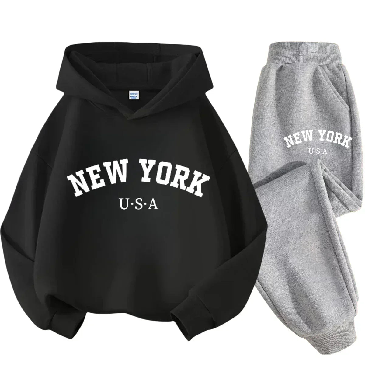 Children's Black Sports Outdoor Letter Print Hooded Sweatshirt 3-12 Years Old Boys and Girls Casual Set Sweatshirt + Pants