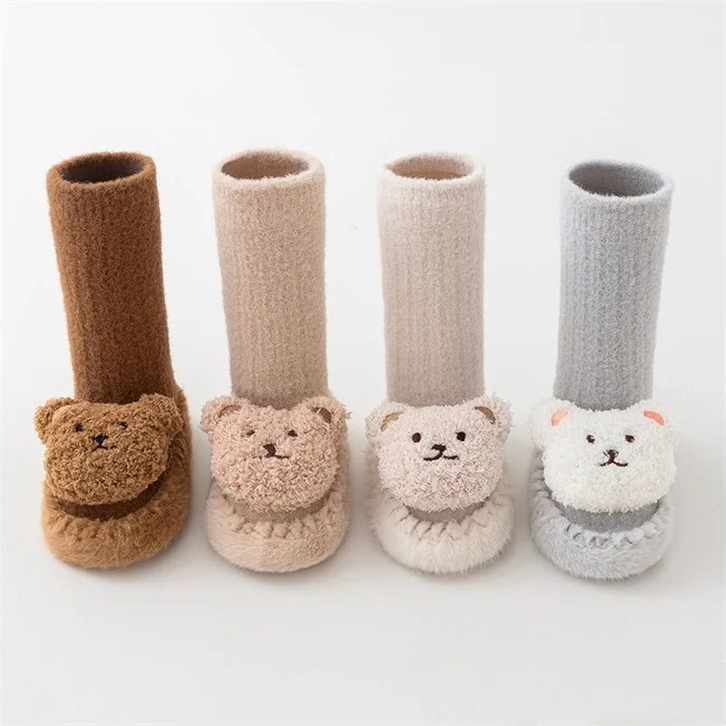 Autumn Winter Infant Leather Sole Shoes Mink Velvet Thicken Warm Newborn Baby Walking Socks Shoe Cartoon Bear Kids Floor Socken