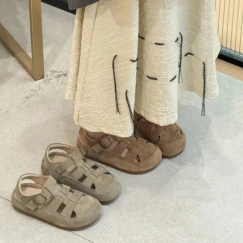 Children' Simple Elegant Baotou Sandals 2026 Summer New Product Genuine Leather Casual Comfortable Single Shoes Boys Girls Suede