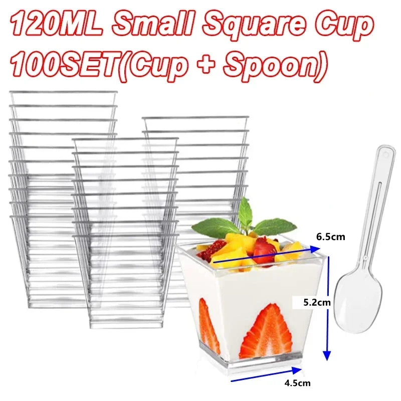 Mini Square Plastic Dessert Cups 40oz 20oz Clear Reusable Party Tableware for Mousse Pudding Yogurt Catering Events