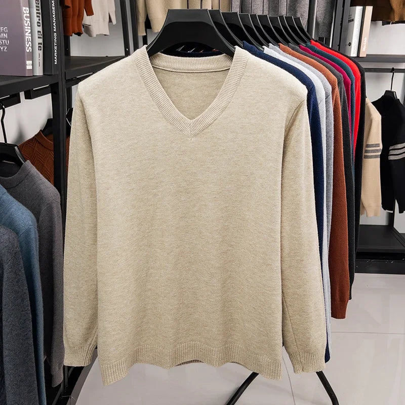2026 Men's V-Neck Basic Solid Color Sweatshirt Warm Autumn Knitted Oversize Pullover Elastic round Neck Sweater for Casual Wear