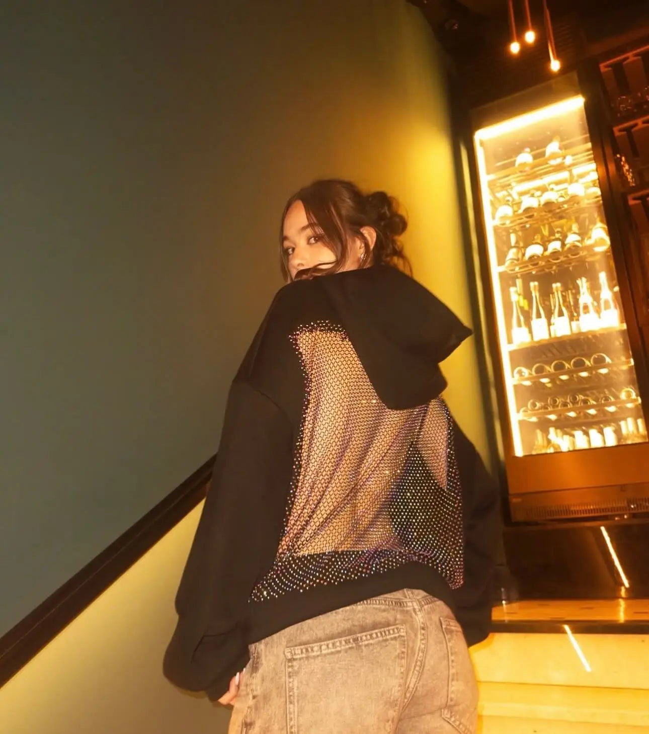 Harajuku Gothic Sexy Backless Hoodie Y2K Clothes Womens Rhinestone Sparkling Mesh Design Oversized Hoodie Pullover Tops