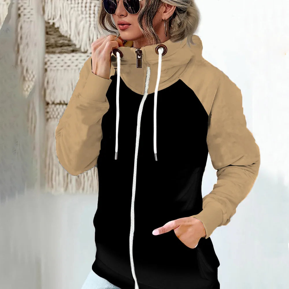 2025 Autumn Winter Women's High-neck Sweatshirt Casual Pocket Pile Collar Fleece Zipper Cardigan Color-blocking Velvet Coat