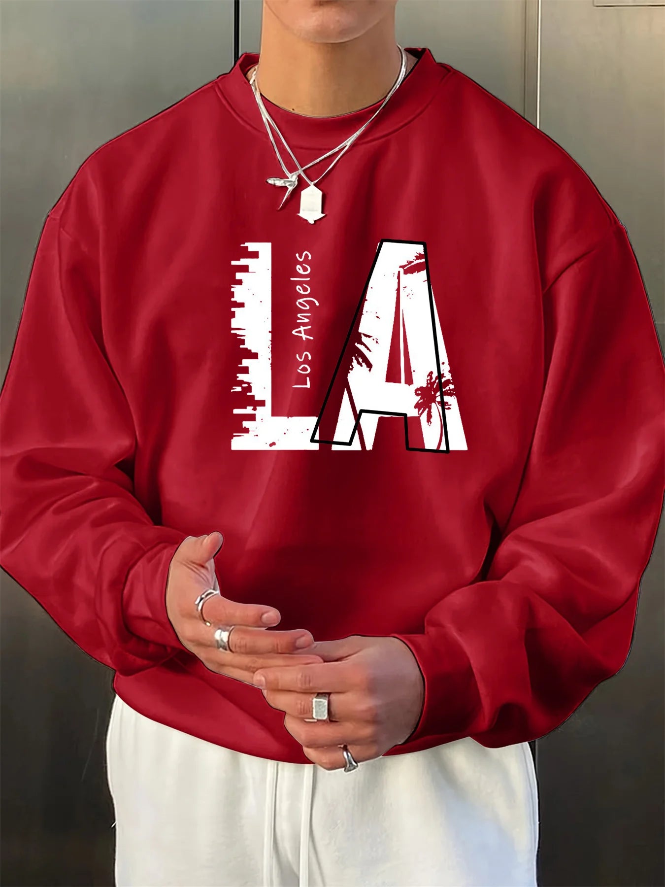 Men's autumn and winter fashionable casual loose Los Angeles LA letter graphic printed long sleeved round neck sweatshirt