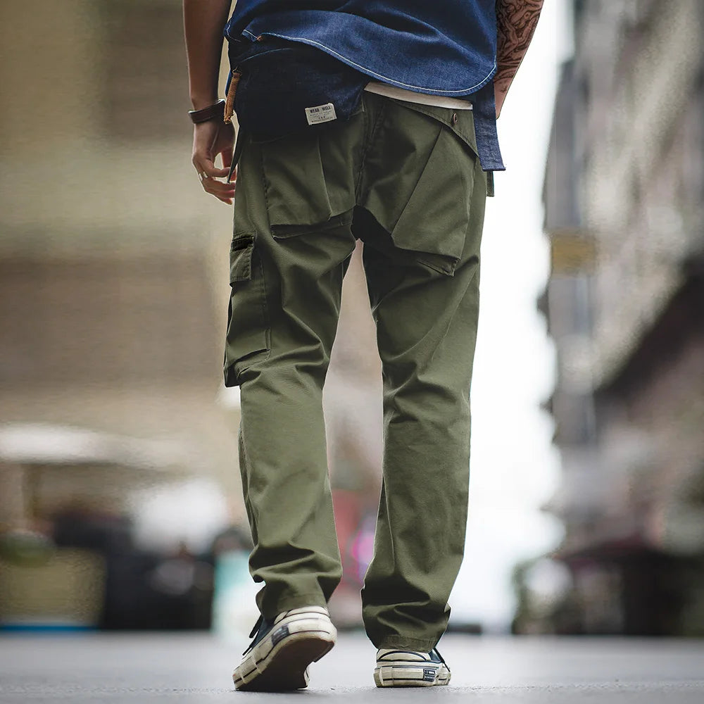 Maden 2023 Autumn Rhombus Cargo Pants Men's  Green Patch Pocket Trousers Uncle Fu 100% Cotton Casual Tactical Pants