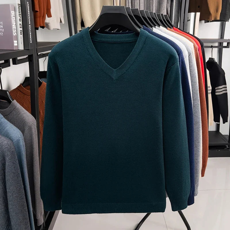 2026 Men's V-Neck Basic Solid Color Sweatshirt Warm Autumn Knitted Oversize Pullover Elastic round Neck Sweater for Casual Wear