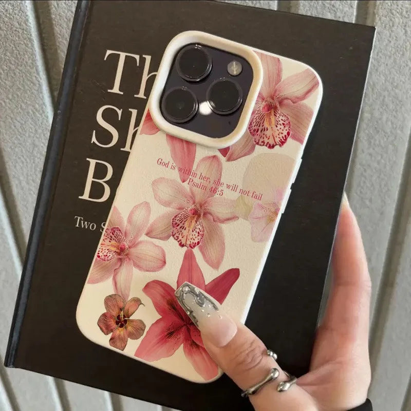 Hibiscus Rosa-Sinensis Imitation Leather Phone Case for iPhone 16 E 15 14 Plus 13 12 11 Pro Max XS Max XR XS X Shockproof Cover