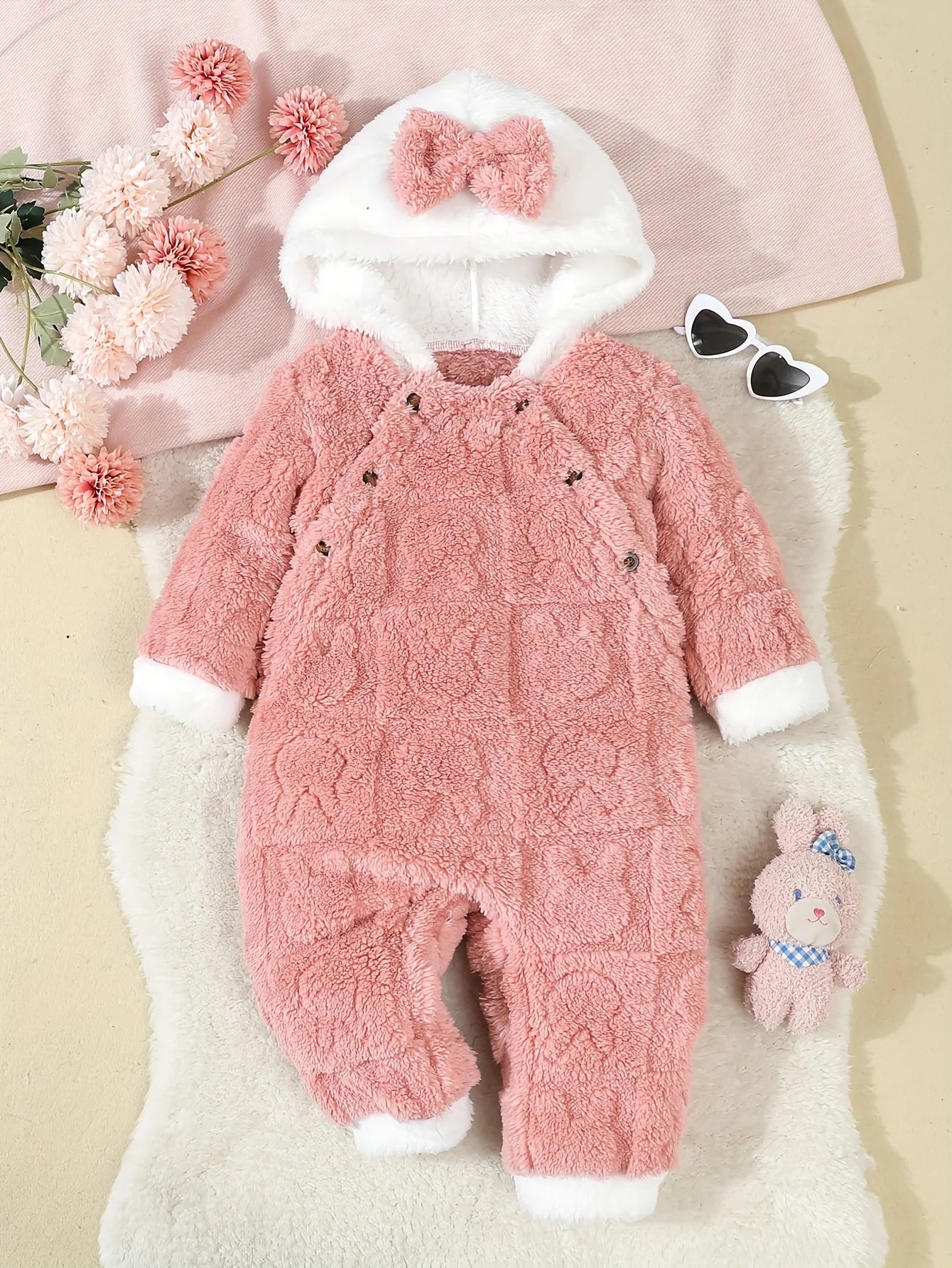 Autumn And Winter Jacquard Rabbit Plush Hooded Dress For Baby Girls, Winter Warm One-Piece Dress