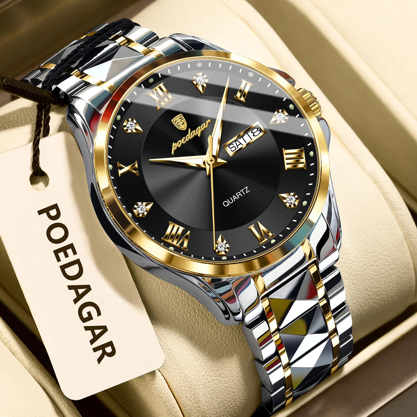 POEDAGAR Luxury Man Wristwatch Waterproof Luminous Date Week Men Clock Stainless Steel Business Men's Watches Quartz Male Reloj