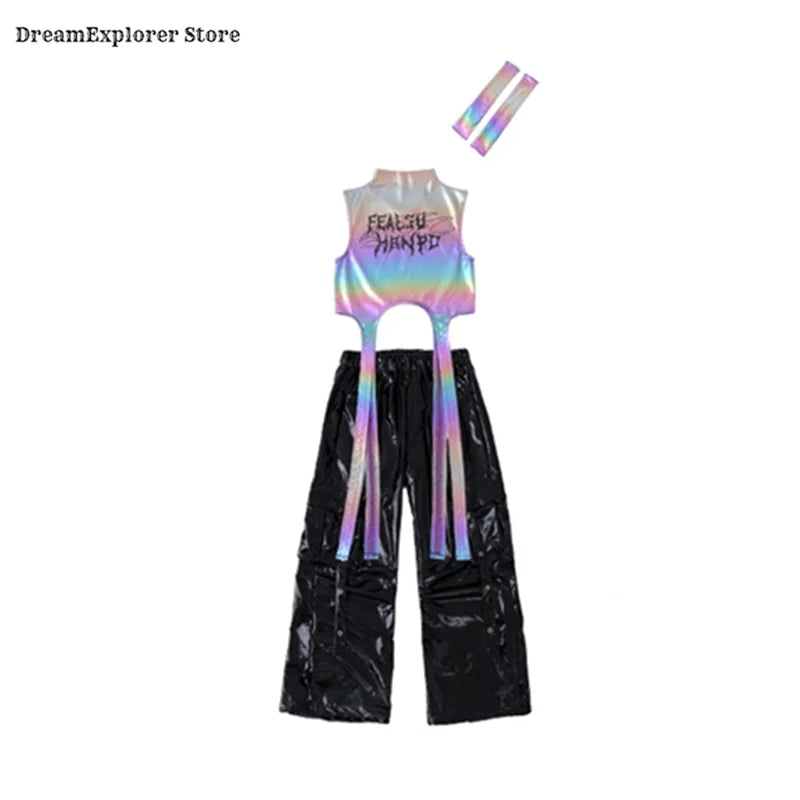 Girls Hip Hop Shiny Crop Top Silver Cargo Pants Kids K-pop Jazz Stree Dance Clothes Sets Children Streetwear Girl Group Costume