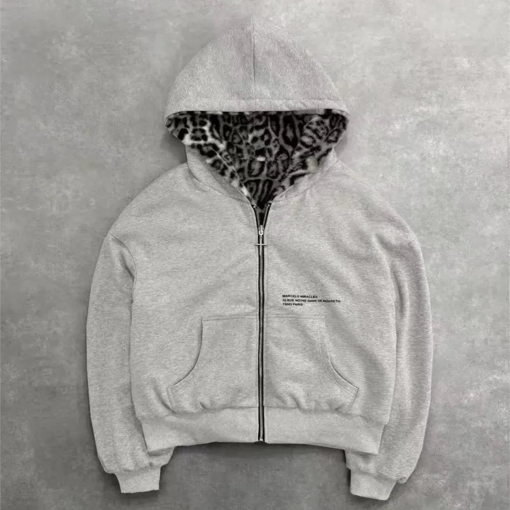 New Autumn Winter New Hooded Sweatshirt Both Sides Women's Jackets Fashion Retro Leopard Print Zipper Hoodie Loose Tops Female