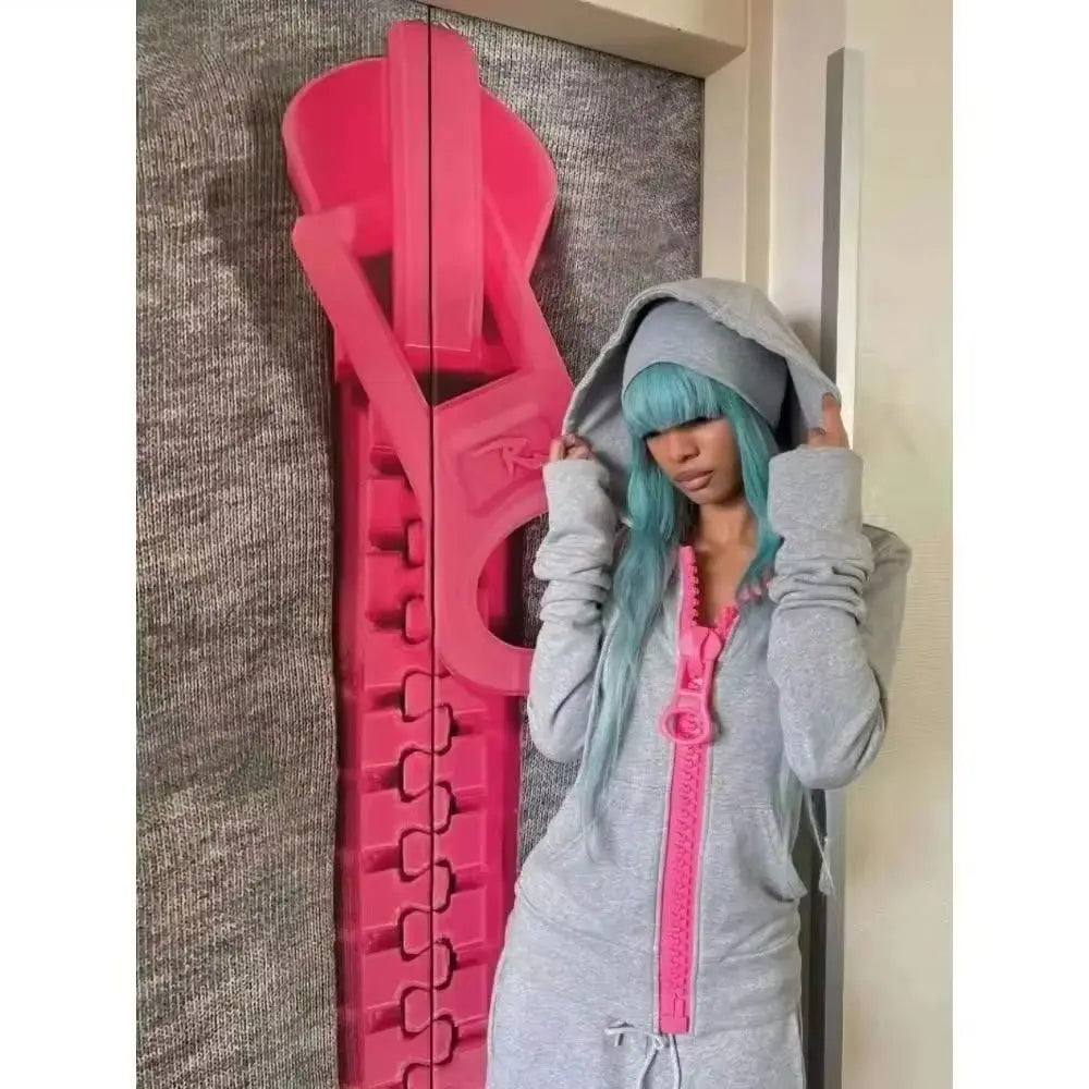 Y2K street Harajuku loose oversized zipper multi-pocket hoodie American fashion trend solid color oversized hoodie for women