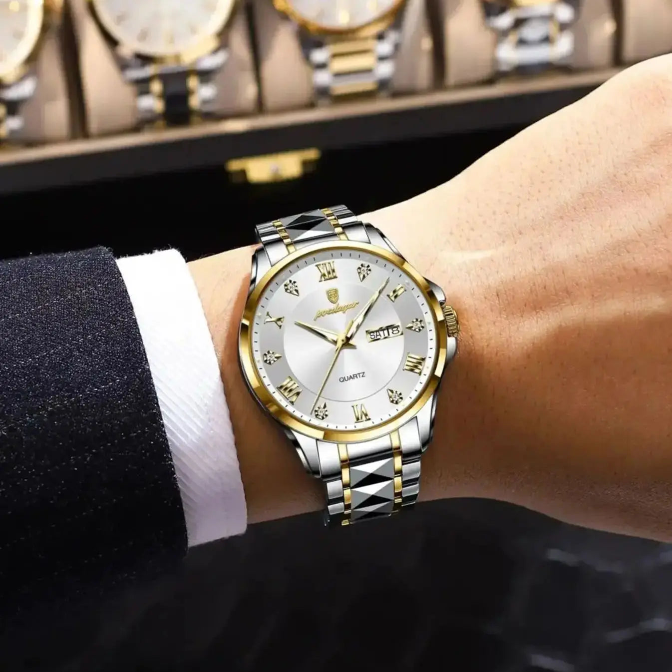 POEDAGAR Luxury Man Wristwatch Waterproof Luminous Date Week Men Clock Stainless Steel Business Men's Watches Quartz Male Reloj