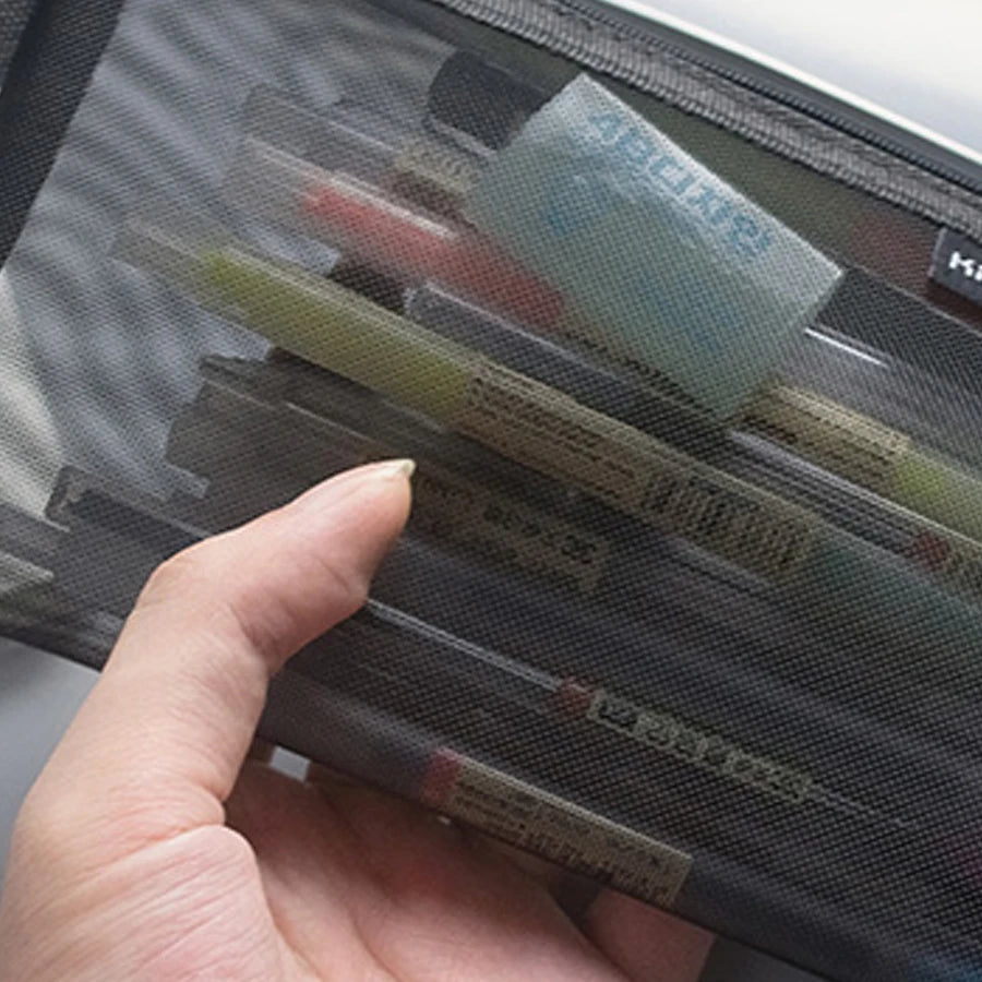 Solid Color Coin Purse Makeup Handbags Stationery Transparent Grid Cosmetic Storage Mesh Pen Bag Zipper Pencil Case