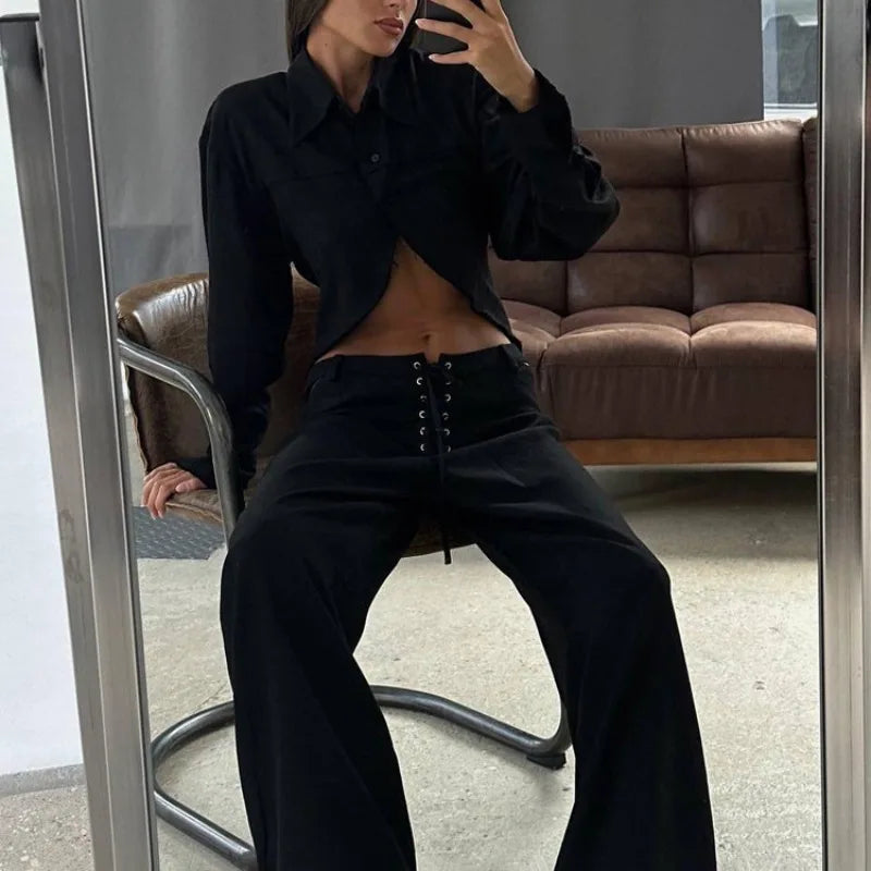 INS Loose Tracksuit Elegant Women Trousres Set Y2K Outfits Long Sleeve Irregular Blouse Top Lace Up Wide Leg Pants Two Piece Set