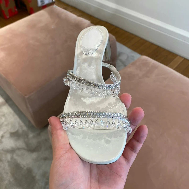 2024 Women's Summer New Rhinestone Strap Sandals Block Heel Crystal Open Toe Sandals Mid Heel