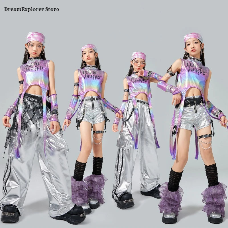 Girls Hip Hop Shiny Crop Top Silver Cargo Pants Kids K-pop Jazz Stree Dance Clothes Sets Children Streetwear Girl Group Costume