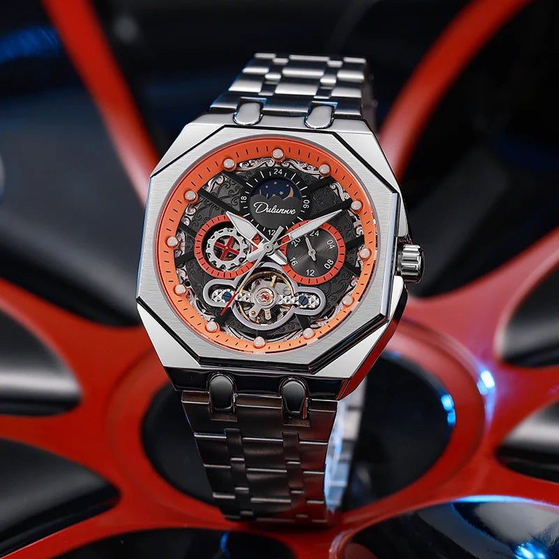 Red Second Hand Tourbillon Mechanical Watch for Men Luminous Hands Business Automatic Mens Watches Top Brand Luxury Steel Strap