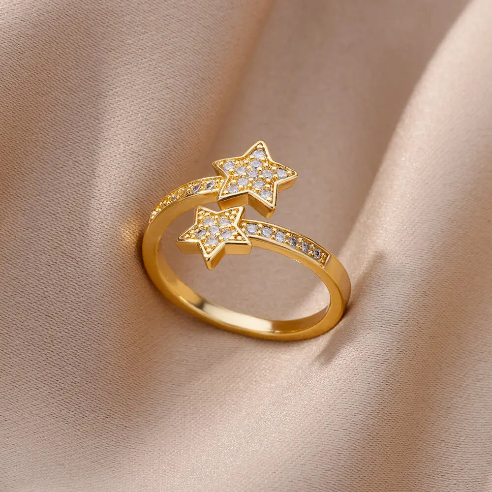 Zircon Double Star Rings For Women Gold Color Stainless Steel Opening Stars Finger Ring Wedding Party Aesthetic Jewelry Gift