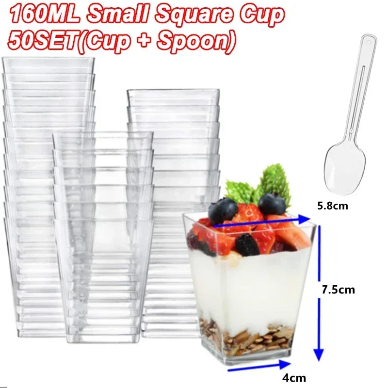 Mini Square Plastic Dessert Cups 40oz 20oz Clear Reusable Party Tableware for Mousse Pudding Yogurt Catering Events