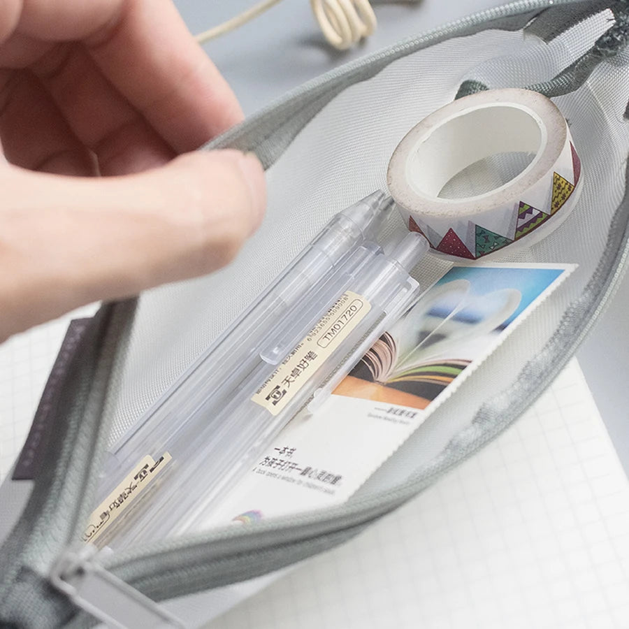 Solid Color Coin Purse Makeup Handbags Stationery Transparent Grid Cosmetic Storage Mesh Pen Bag Zipper Pencil Case