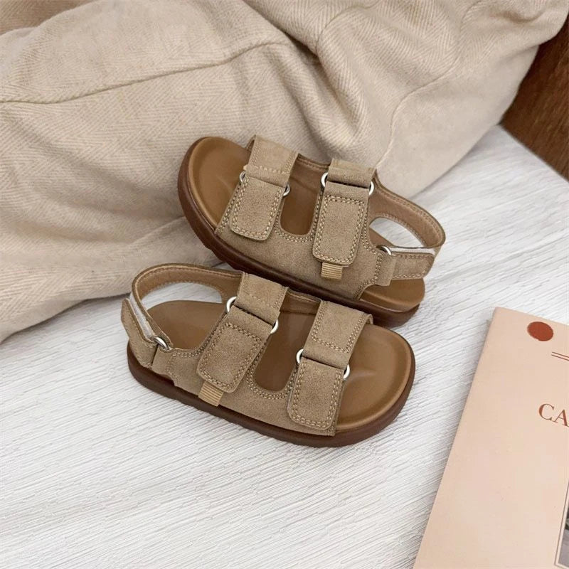 2026 Spring Summer New Fashion Boys Girls Sandal Simple Solid Color Children's Suede Outdoors Non-slip Open Toe Beach Sandals
