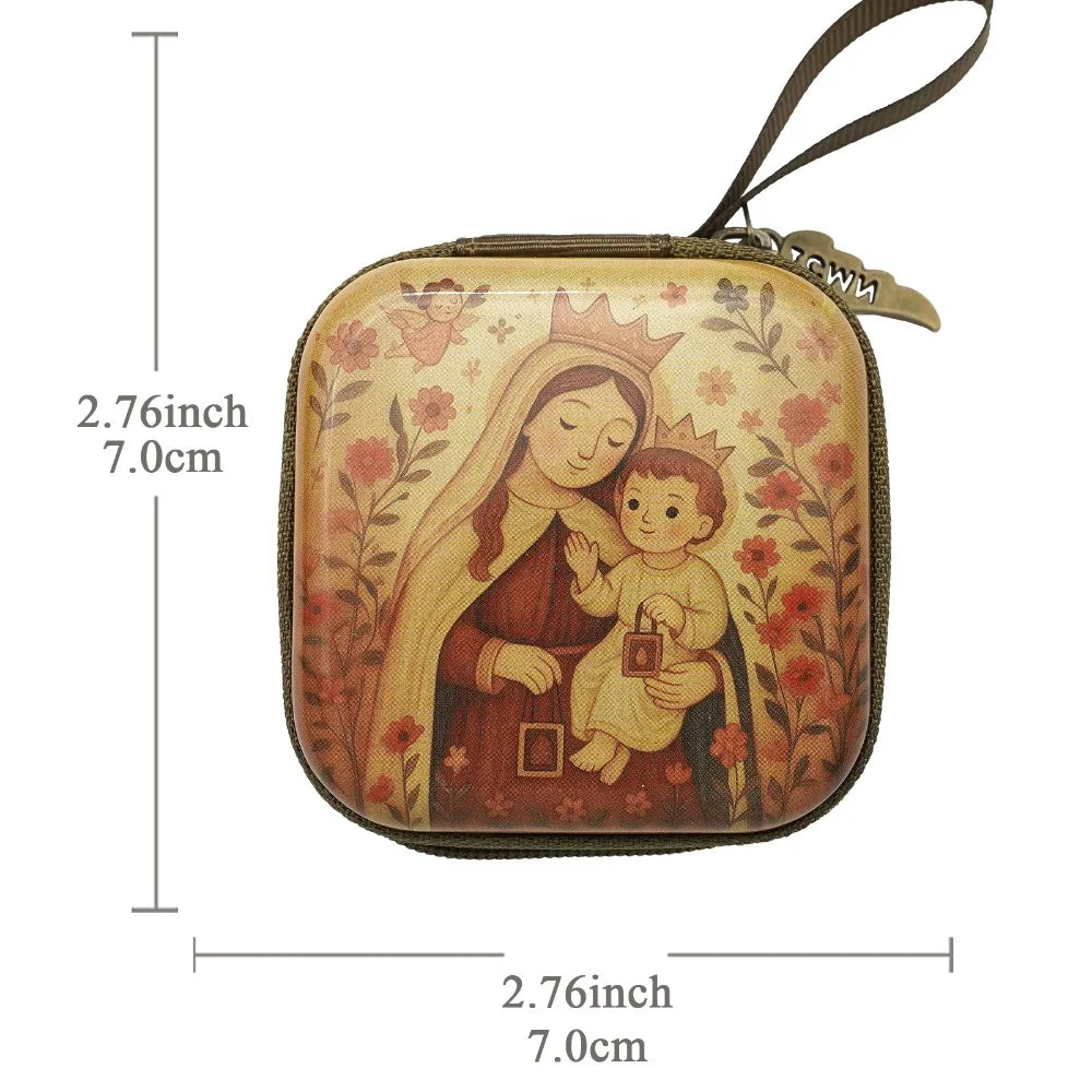 Portable Virgin Mary Prayer Rosary Storage Bag 7x7cm Zippered Religious Articles Cartoon Elegant Prayer Kit Devotees
