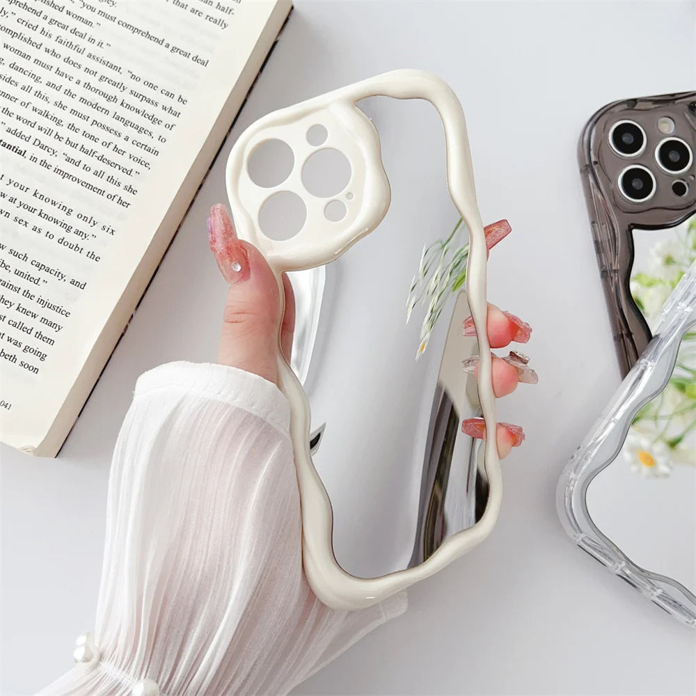 Luxury Curly Wave Makeup Mirror Case For iphone 15 14 Plus 11 12 13 Pro Max Mini XR XS Max 7 8Plus Clear Mirror Shockproof Cover