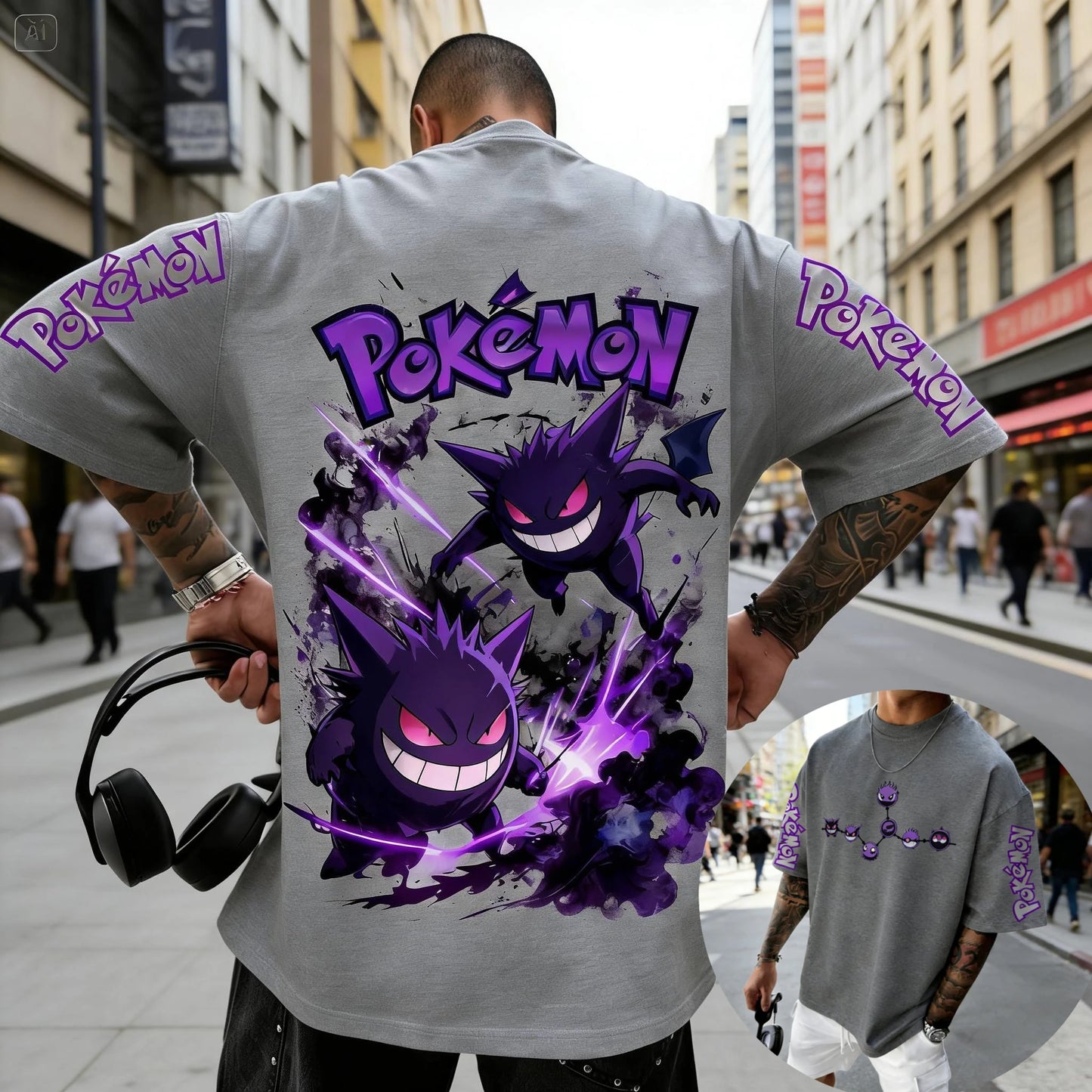 Men's T Shirt Sports T Shirt Short Sleeve T Shirt Purple Gengar Back Print Red Eyes Sharp Teeth with Smoke Sleeve Patterns