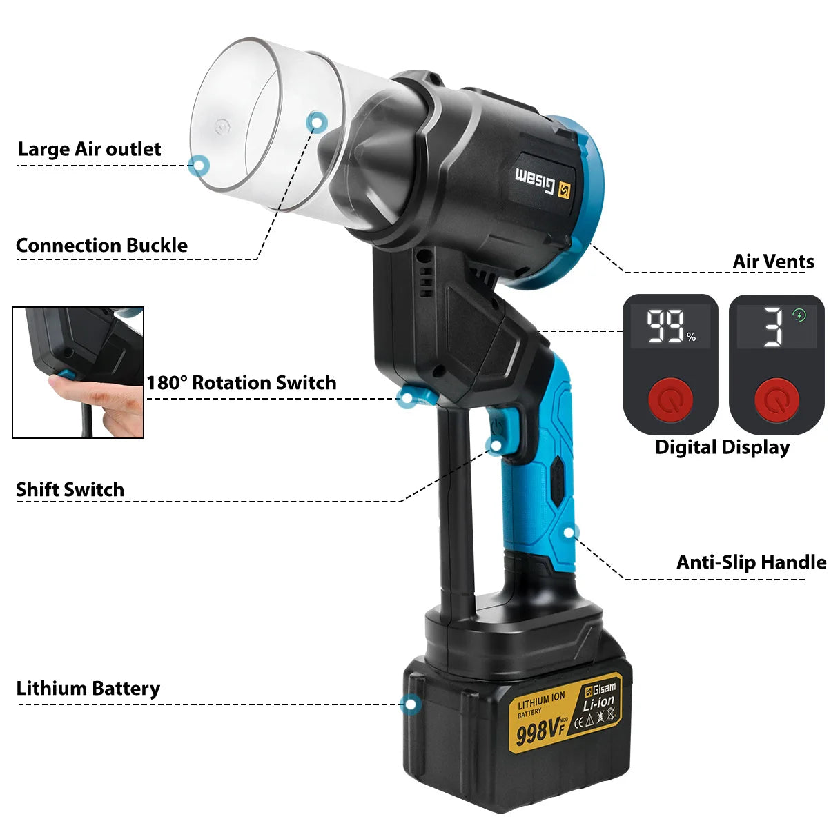 Gisam 35000RPM Brushless Electric Air Blower 2in1 Turbo Blower Fan Leaf Dust Snow Blowing Clean Tool For Makita 18V Battery Pin