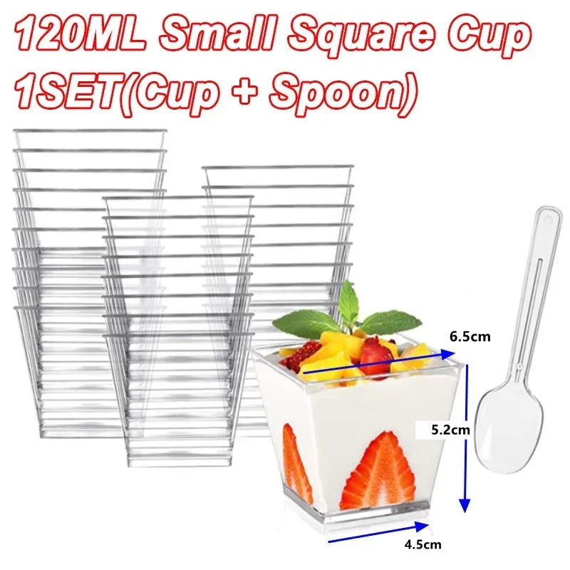 Mini Square Plastic Dessert Cups 40oz 20oz Clear Reusable Party Tableware for Mousse Pudding Yogurt Catering Events
