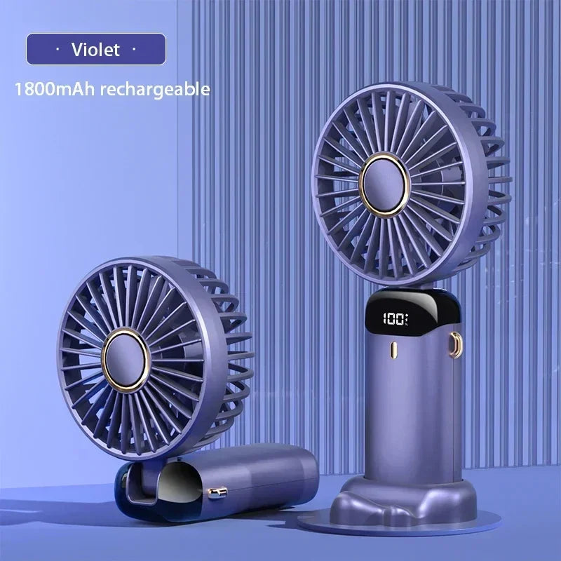 Portable Handheld Fan with Digital Display, 5-Speed USB Rechargeable Mini Fan, Ultra Quiet Personal Fan with Lanyard & Bas