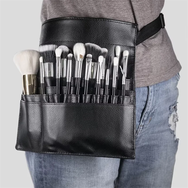 Multi-function Black PU Leather Cosmetic Bag Waist Bag Makeup Brush Bag With Belt For Professional Makeup Artist Large Capacity