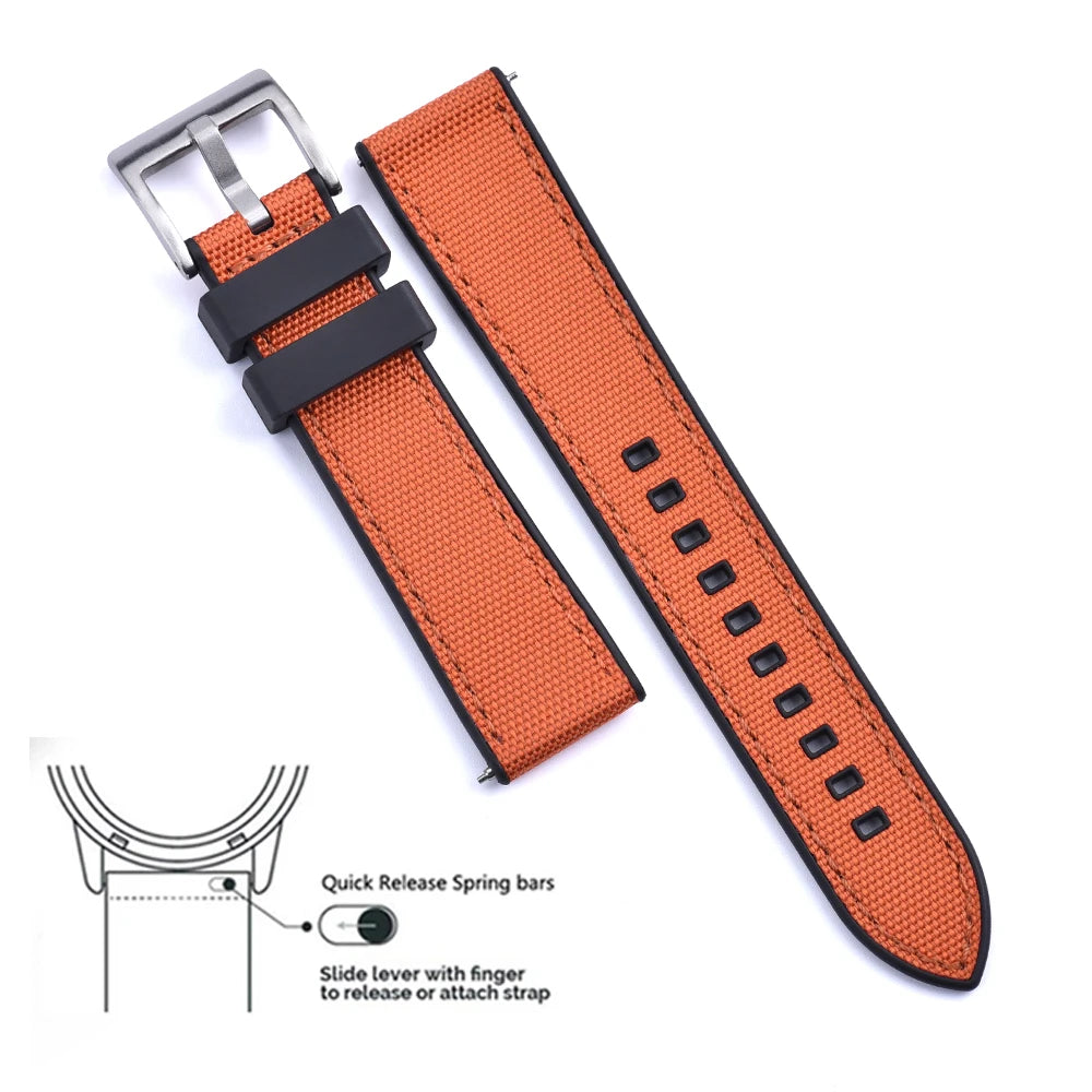 High Quality FKM Canvas Watch Strap 20mm 22mm Hybrid Fluoro Rubber Nylon Watchbands Quick Release For Each Brand Diving Watches