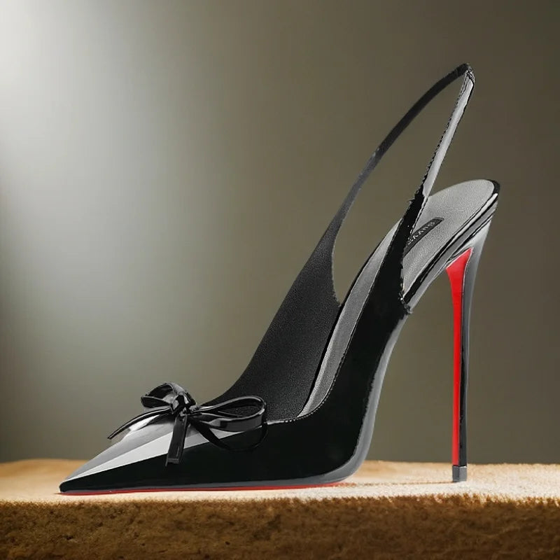 2025new black nude wine red patent leather pointed small bow back empty style plus size red bottom socialite high-heeled sandals