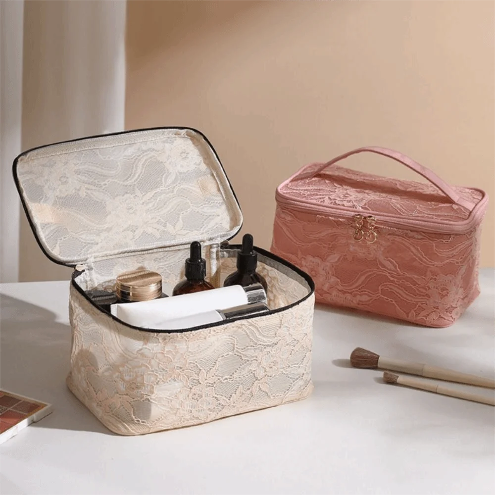 Makeup Bag Elegant Portable Makeup Bag Lace Floral Pattern Cosmetic Storage Bag Large Capacity with Handle Handbag for Women