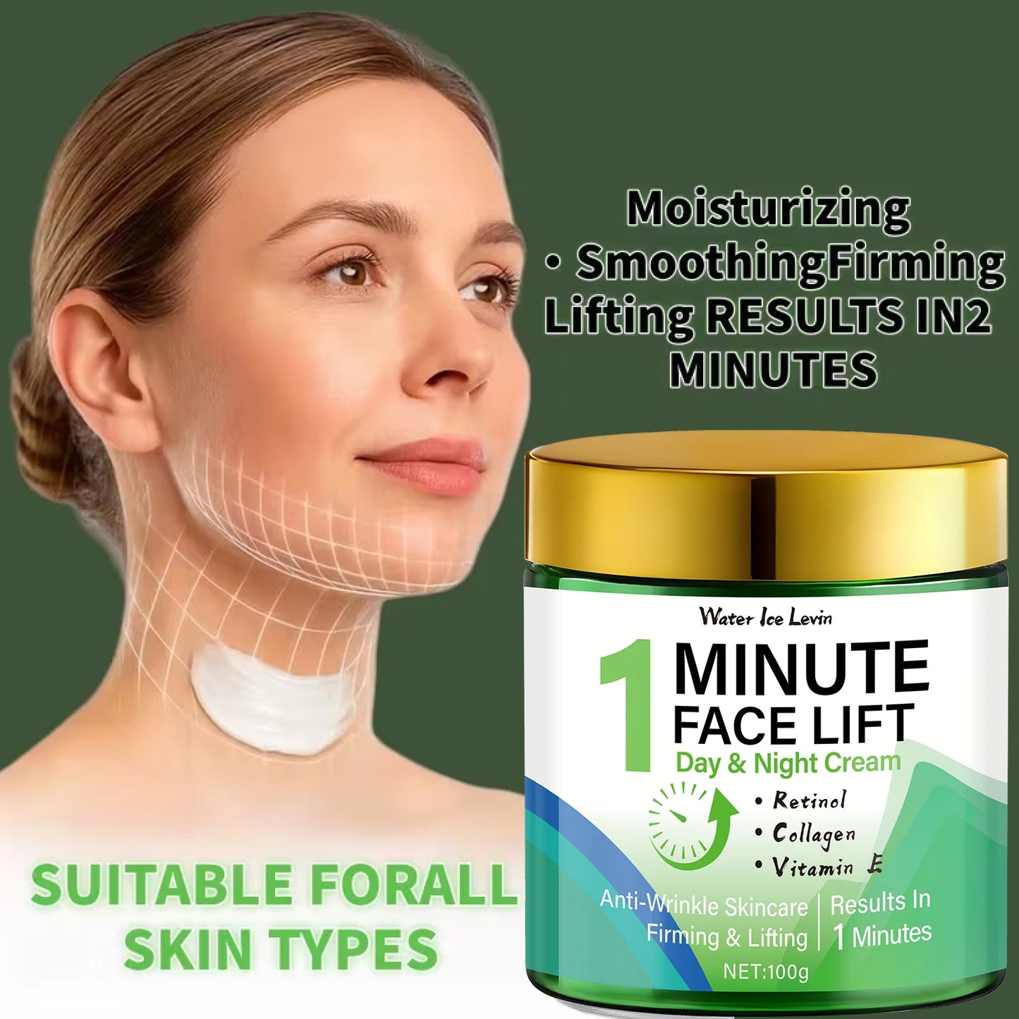 Minute Face Lift Day Night Cream Retinol Collagen Vitamin E. 1-Minute Visible Lift. Anti-Wrinkle Firming. Silken Feel. 100g.