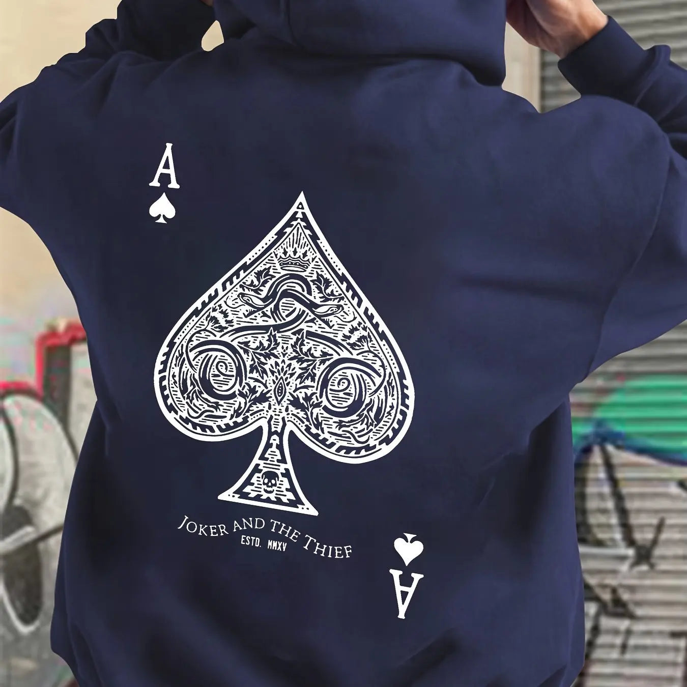 Men's autumn and winter casual fashion loose back poker card A graphic printed long sleeved hooded sweatshirt warm pullover