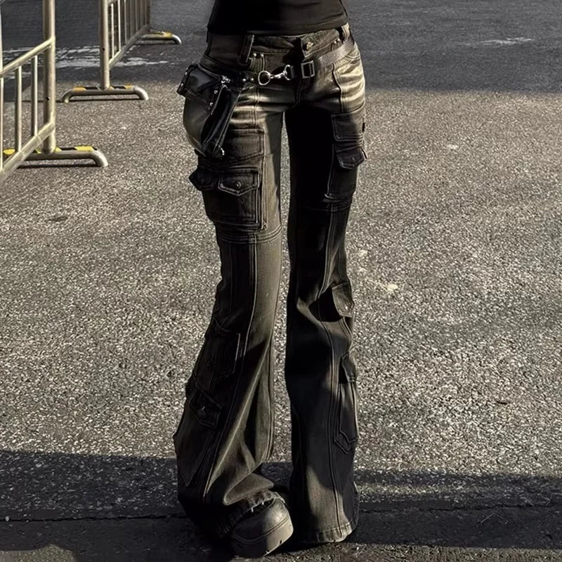 Deeptown Y2k Vintage Punk Women Flared Jeans Harajuku Distressed Low Waist American Style Denim Cargo Pants Grunge Gyaru Casual