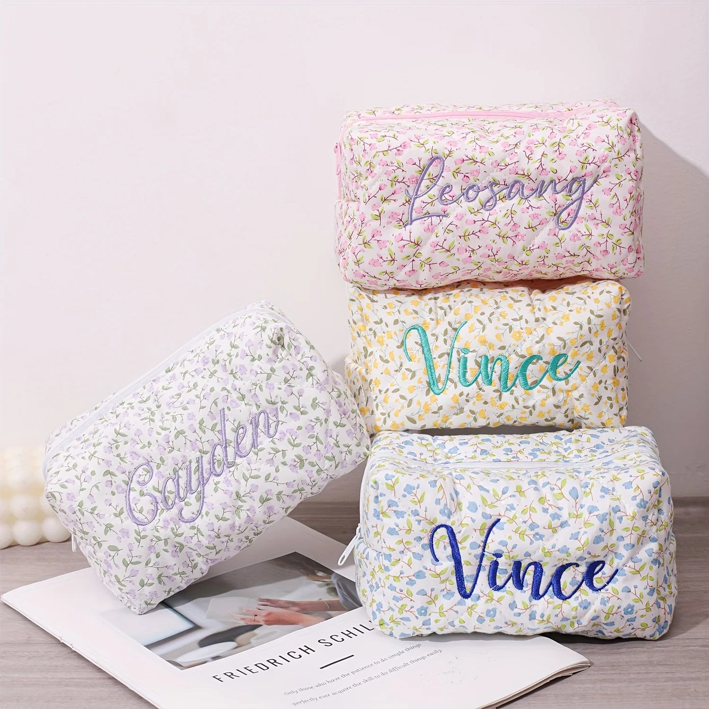 Custom Name Floral Makeup Pouch Embroidered Featuring a Floral Design Wash Bag, Travel Cosmetic Bag Suitable for Bridesmaid Gift