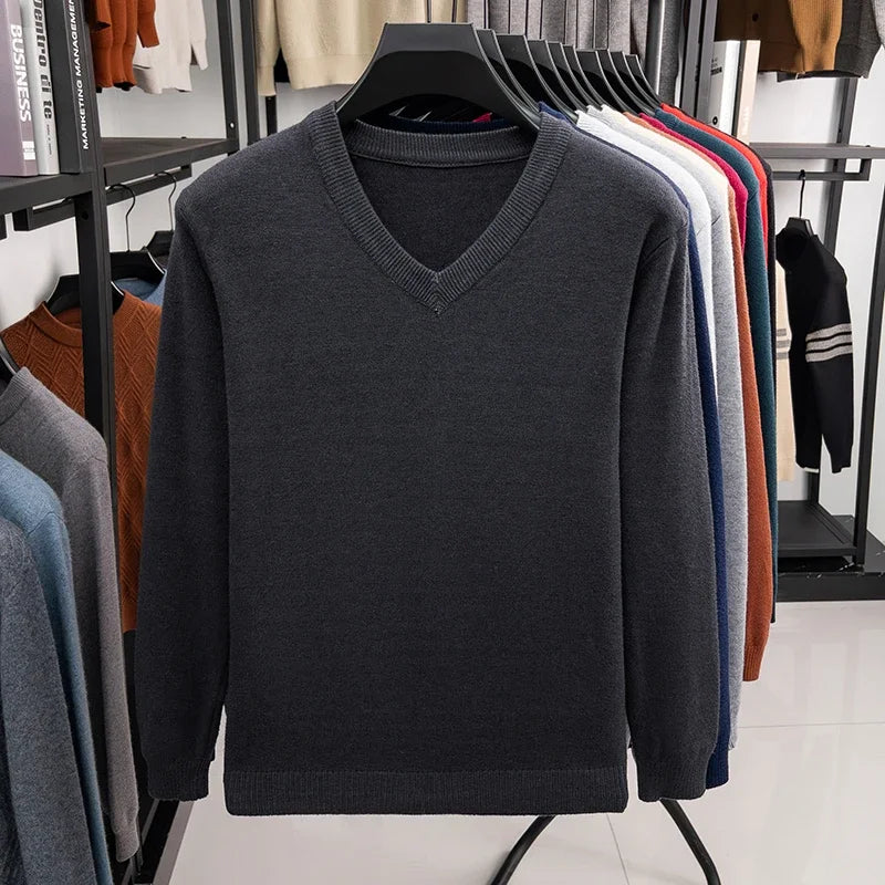 2026 Men's V-Neck Basic Solid Color Sweatshirt Warm Autumn Knitted Oversize Pullover Elastic round Neck Sweater for Casual Wear
