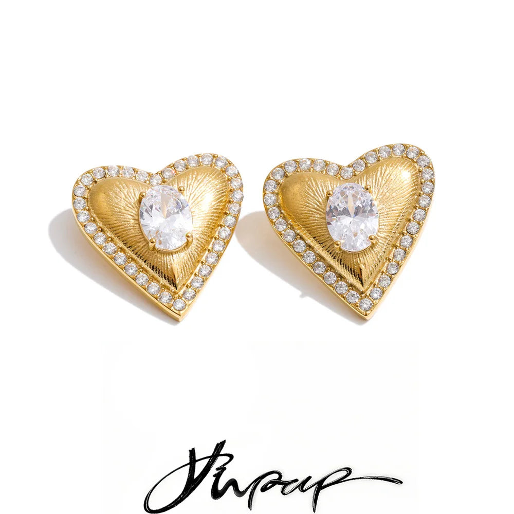 Yhpup High Quality Stainless Steel Cubic Zirconia Heart Love Stud Earrings Valentine's Day Gift Delicate Charm Aesthetic Jewelry