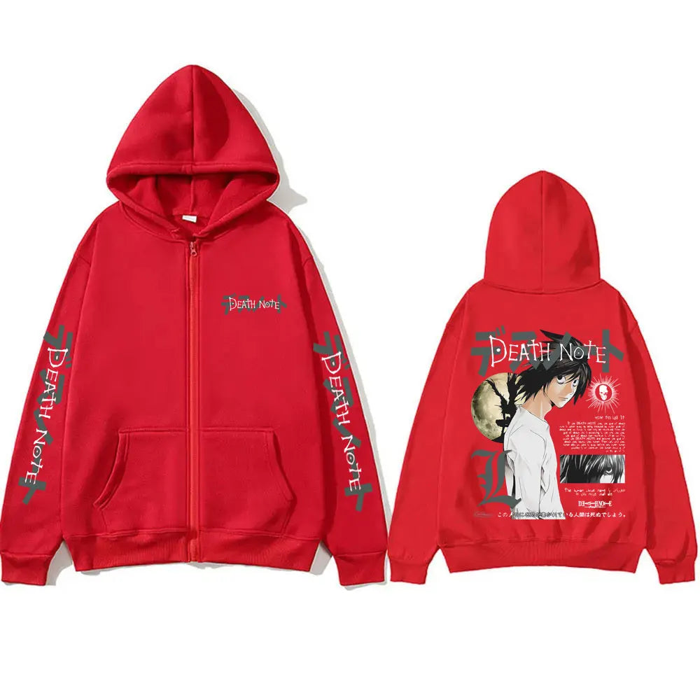 Anime Death Note L Lawliet Graphic Zipper Hoodie Men Women Casual Oversized Cotton Zip Up Jacket Male Vintage Zip Up Sweatshirt