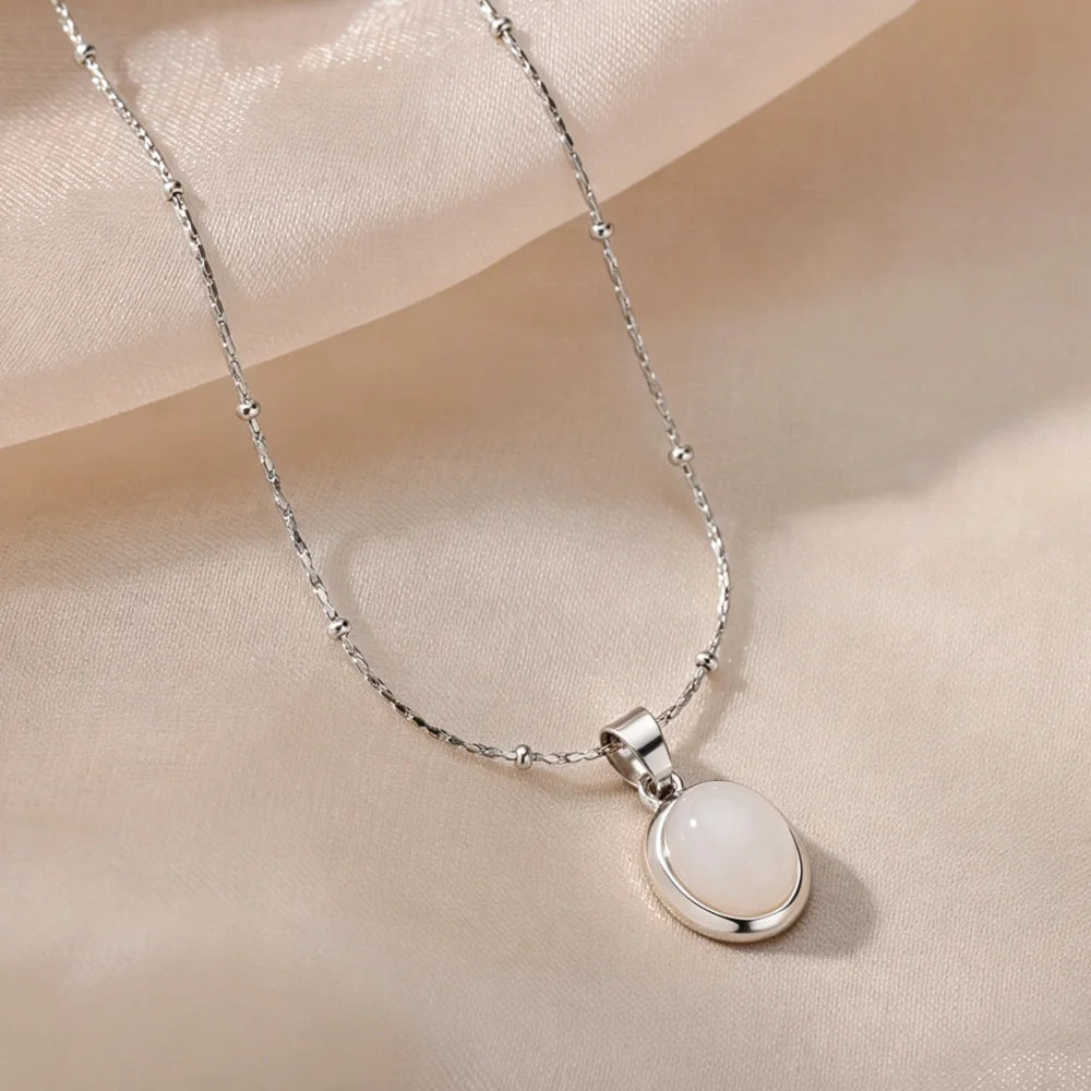Trendy Oval Colorful Stone Necklace For Women Stainless Steel Gold Color Green Opal Stone Pendant Necklace Aesthetic Jewelry Gif