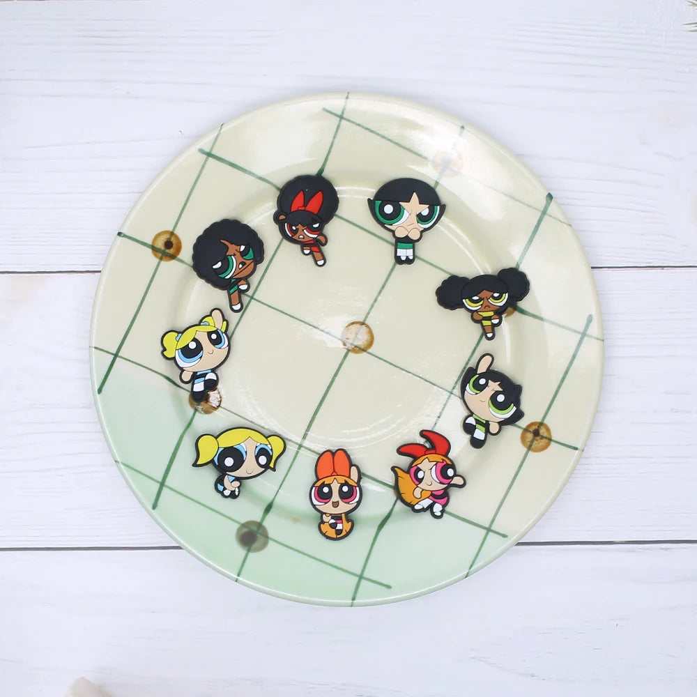 1-9pcs Power Girl Cartoon PVC Shoe Charms DIY Sandals Shoe Buckles Pins Series Shoe Decoration Accessories Friends Gifts