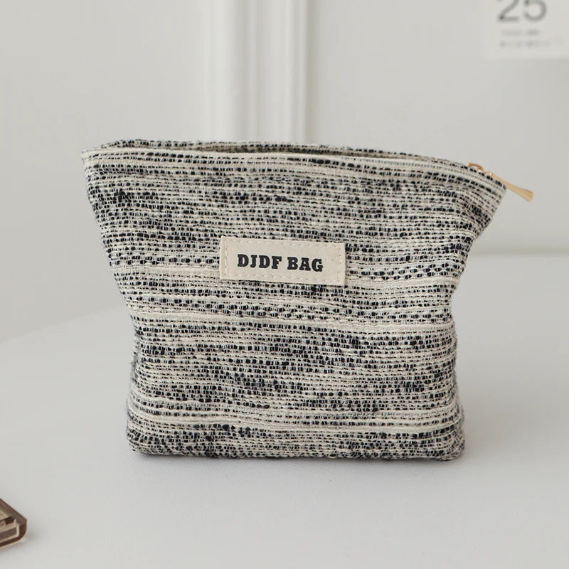 DJDF Black & White Line Women's Small Makeup Bag Canvas Zipper Portable Sanitary Napkin Storage Bag Simple Carry-On Coin Purse