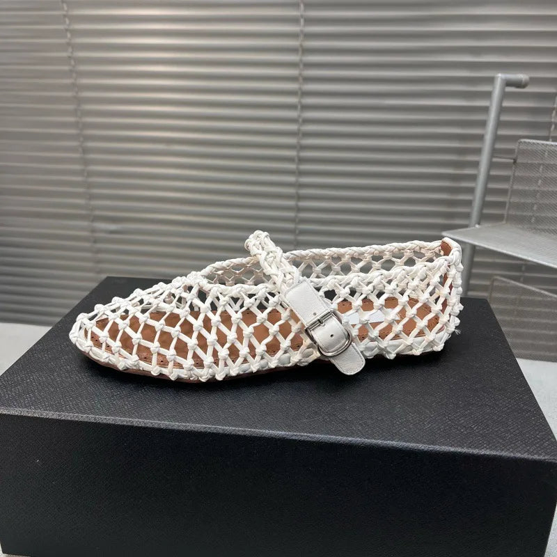 2025 Summer Ballet Shoes Women's Mary Jane Shoes Women's Flat Bottom Mesh Fishing Net Hollow Single Shoes Sandals
